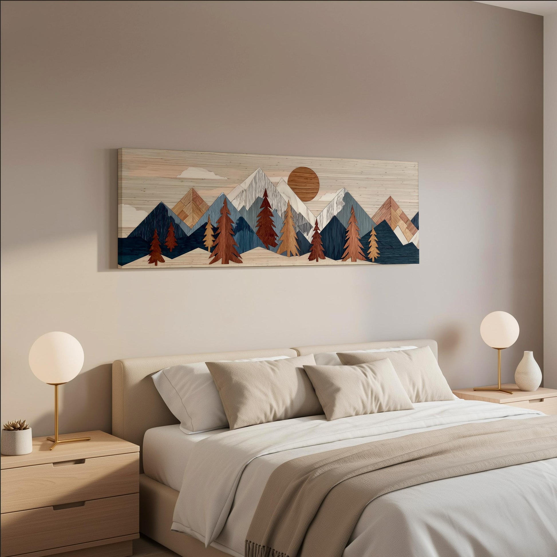 a serene bedroom scene with a large bed adorned with white linens and beige pillows, flanked by two white lamps on nightstands. Above the bed hangs a large wooden artwork depicting a mountain landscape with a sun in the sky.