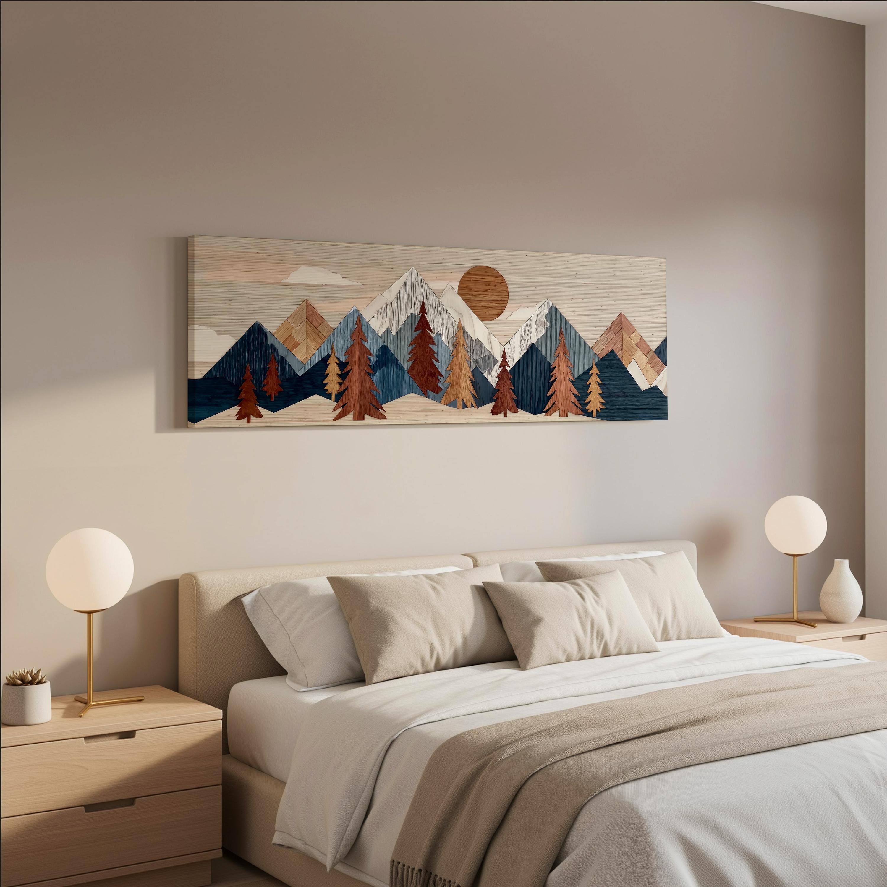 a serene bedroom scene with a large bed adorned with white linens and beige pillows, flanked by two white lamps on nightstands. Above the bed hangs a large wooden artwork depicting a mountain landscape with a sun in the sky.