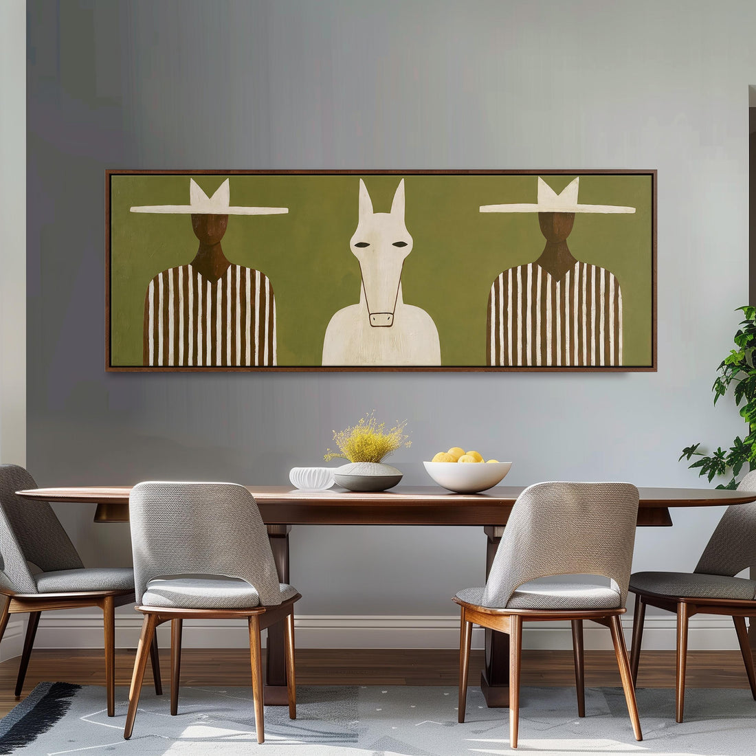 Figure in a white horse mask between two figures long horizontal canvas print displayed on a wall