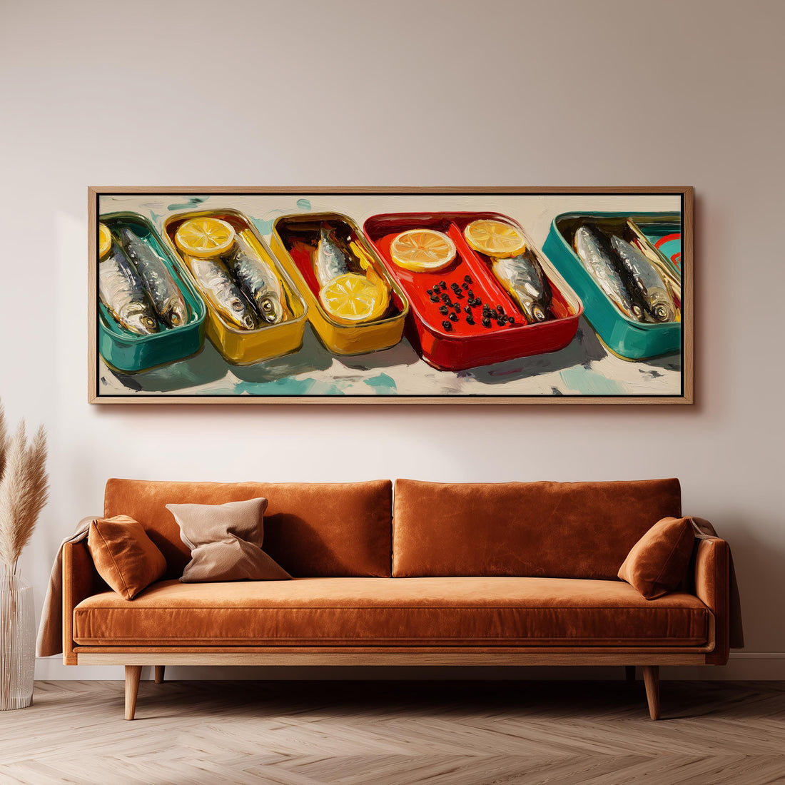 a dining room with a large painting of fish displayed on the wall above a wooden table with four chairs.
