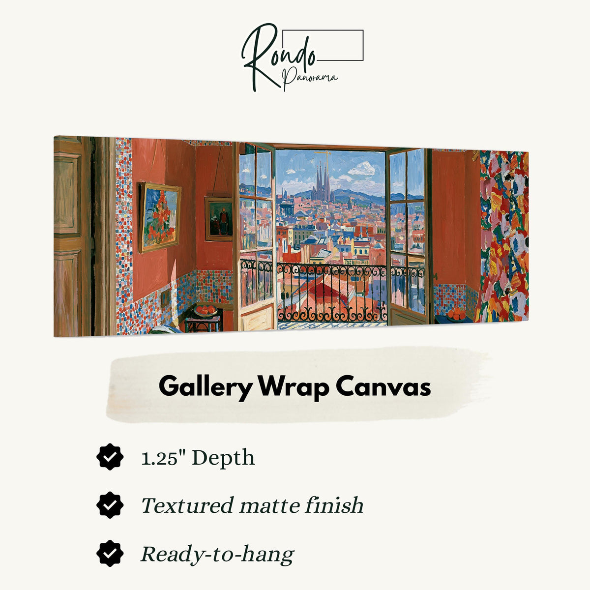 Barcelona seen through an open window gallery wrap canvas with the image wrapped around the edges