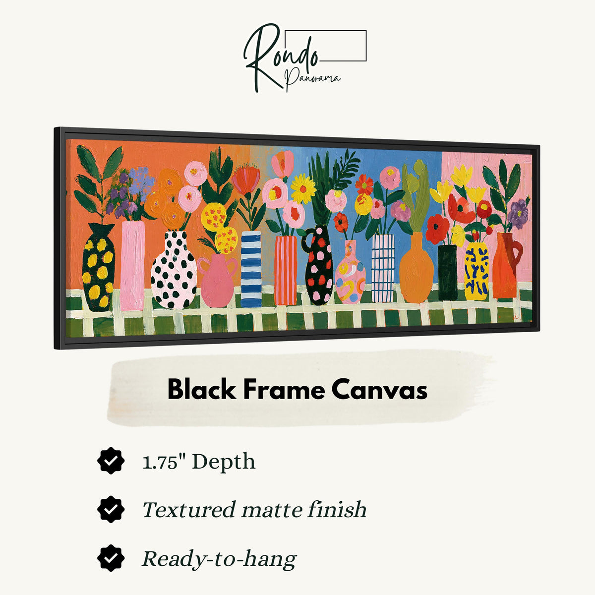 Patterned vases with bright bouquets canvas print in a black floating frame