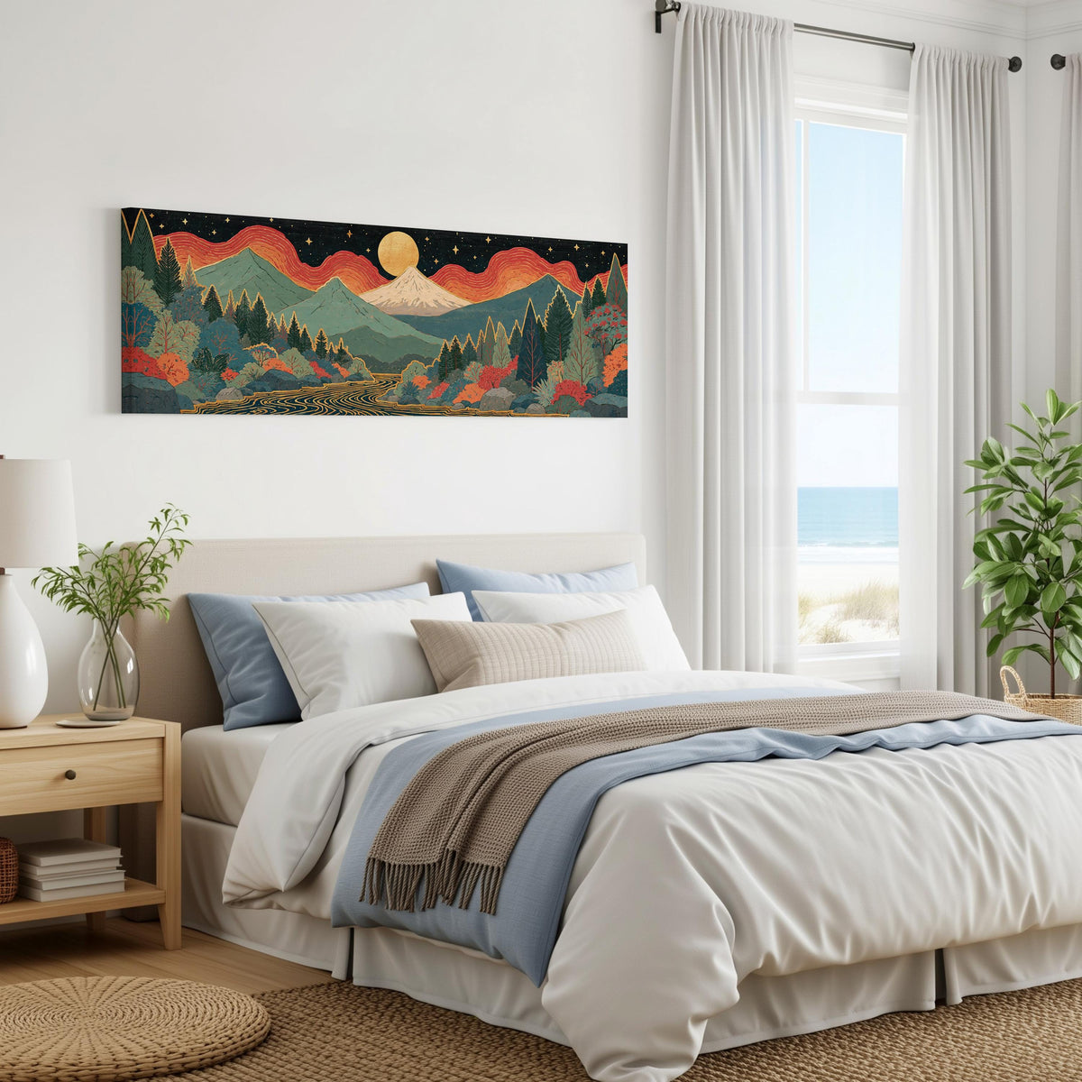 Mystic mountains under a moonrise panoramic canvas print above a bed in a coastal bedroom