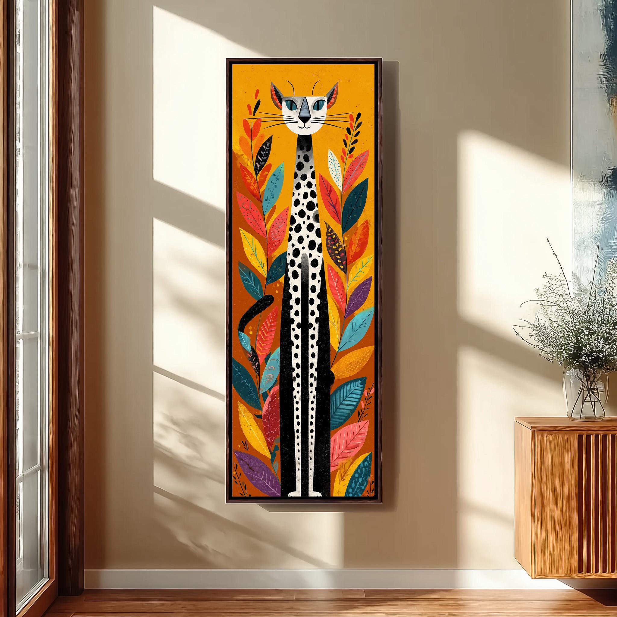 a vibrant, colorful painting of a cat with a striking pattern of spots, set against a backdrop of leaves and flowers. The painting is hung on a wall, adding a lively and artistic touch to the room.