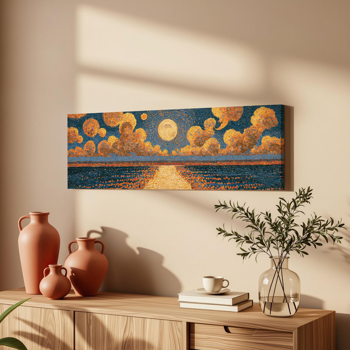 Golden sunset over a lake long horizontal canvas print above a wooden sideboard