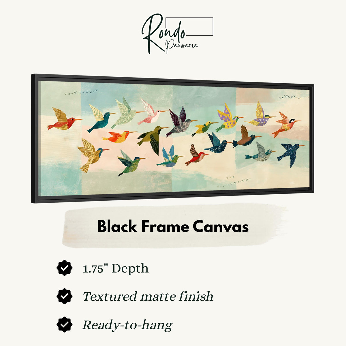 Flock of colorful hummingbirds canvas print in a black floating frame