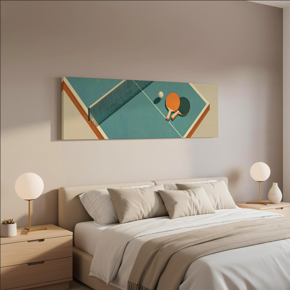 Retro ping pong table wide panoramic canvas print above a bed in a neutral bedroom