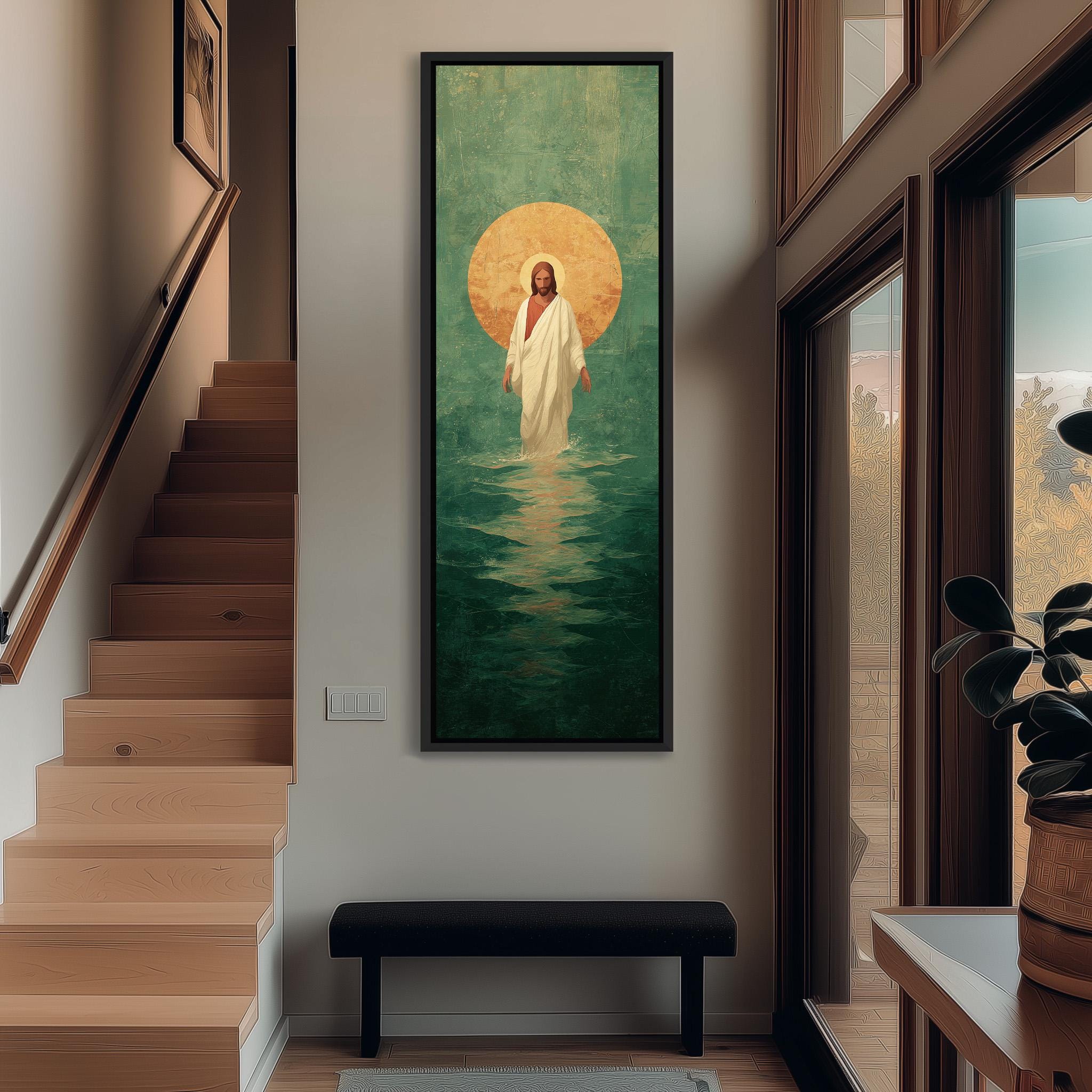 a large painting of Jesus Christ in the water, hanging on the wall of a hallway.