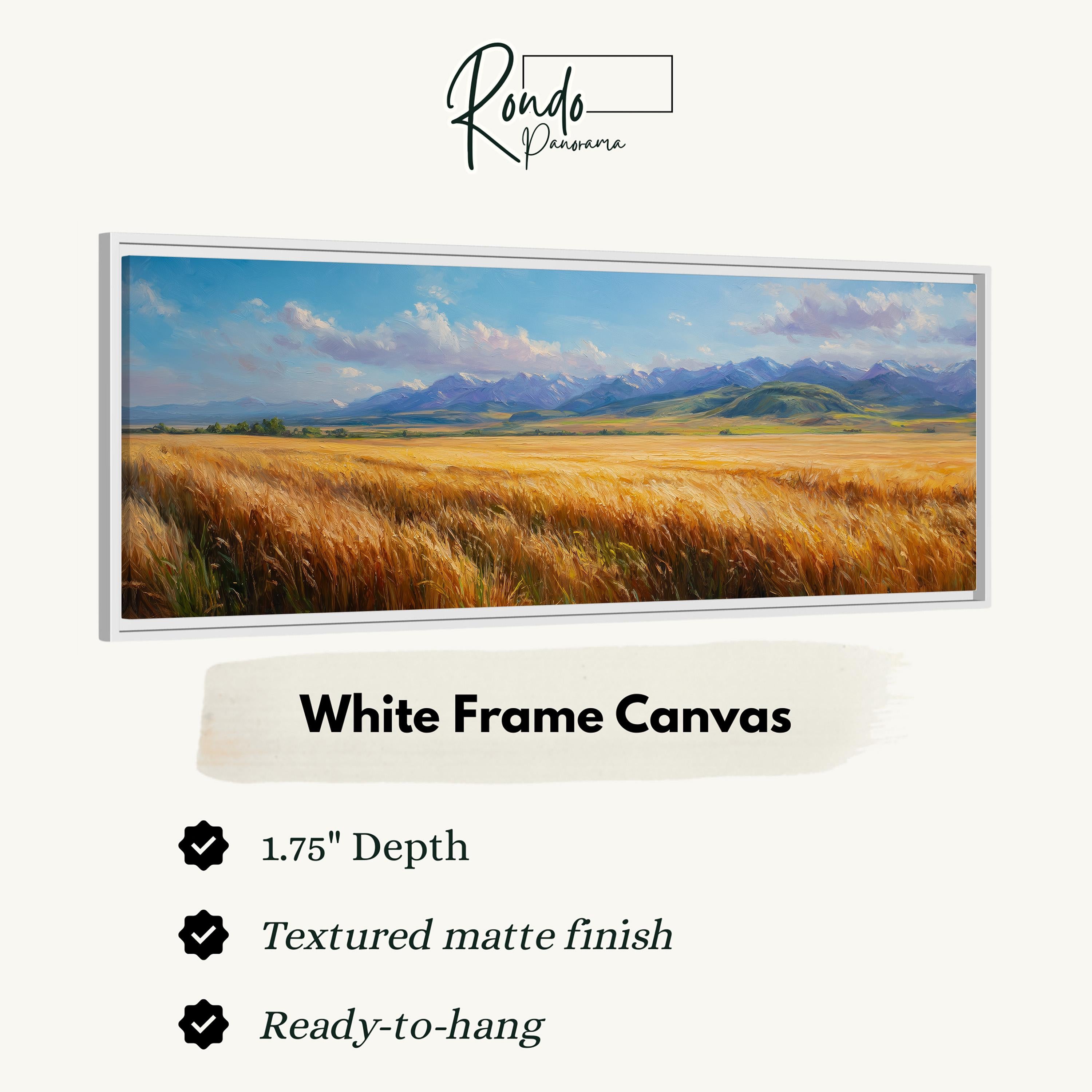 The image is a white frame canvas depicting a serene landscape of a vast field of golden wheat under a blue sky with clouds.