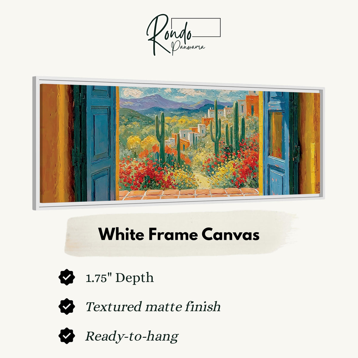 Cactus courtyard seen through blue doors canvas print in a white floating frame