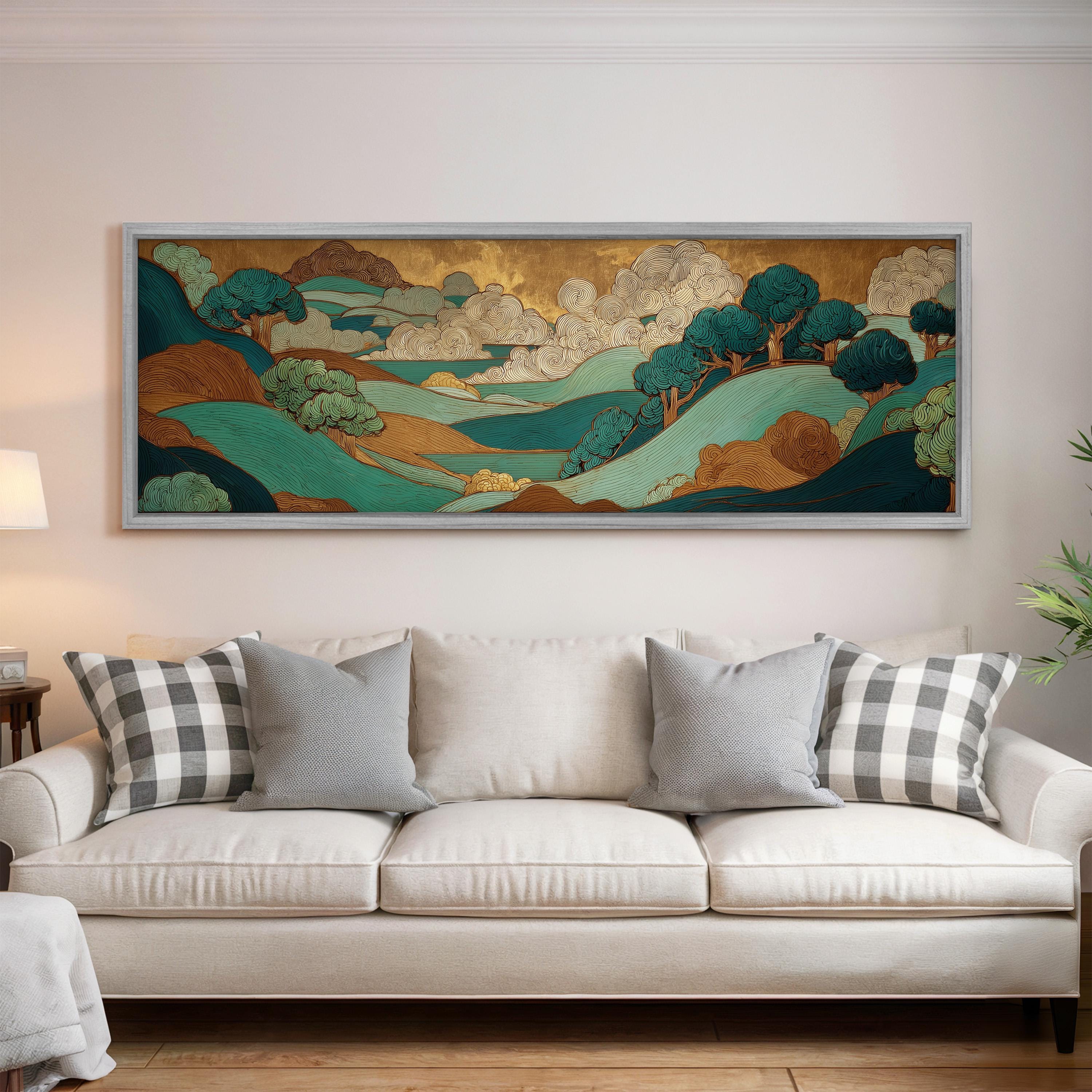 a large, colorful landscape painting hanging on a wall above a white couch with decorative pillows.