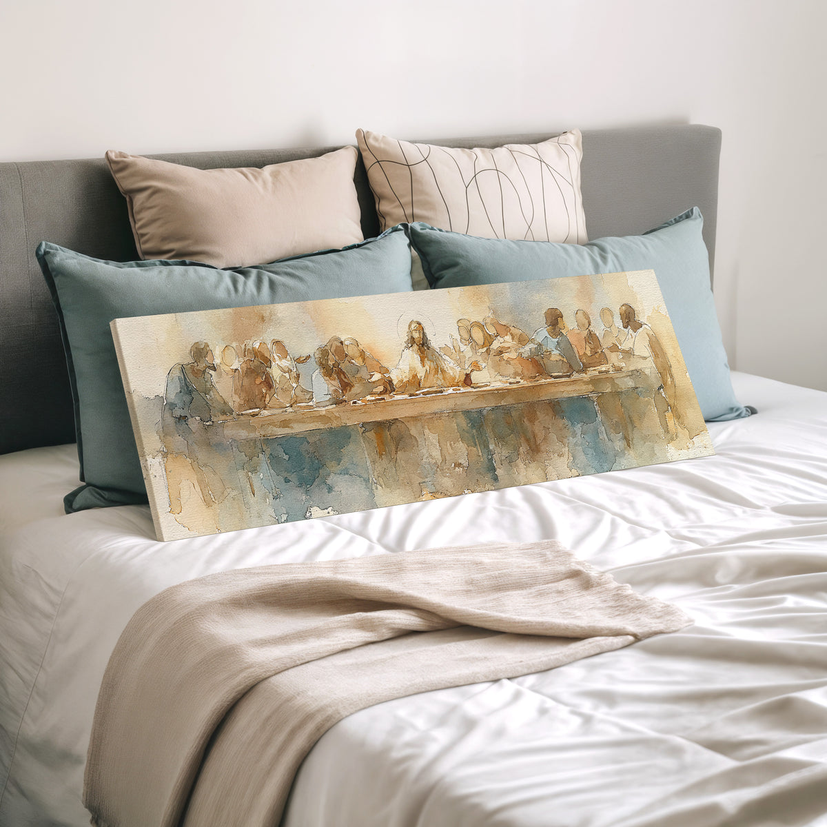 The Last Supper in watercolor long horizontal canvas print displayed on a wall