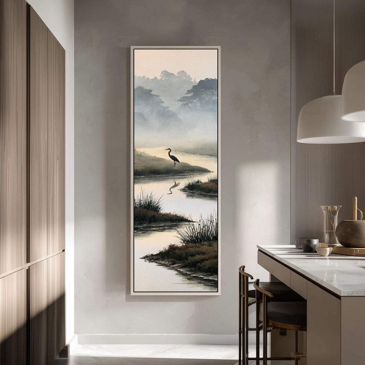 Heron in a misty wetland stream tall skinny canvas print in a modern kitchen