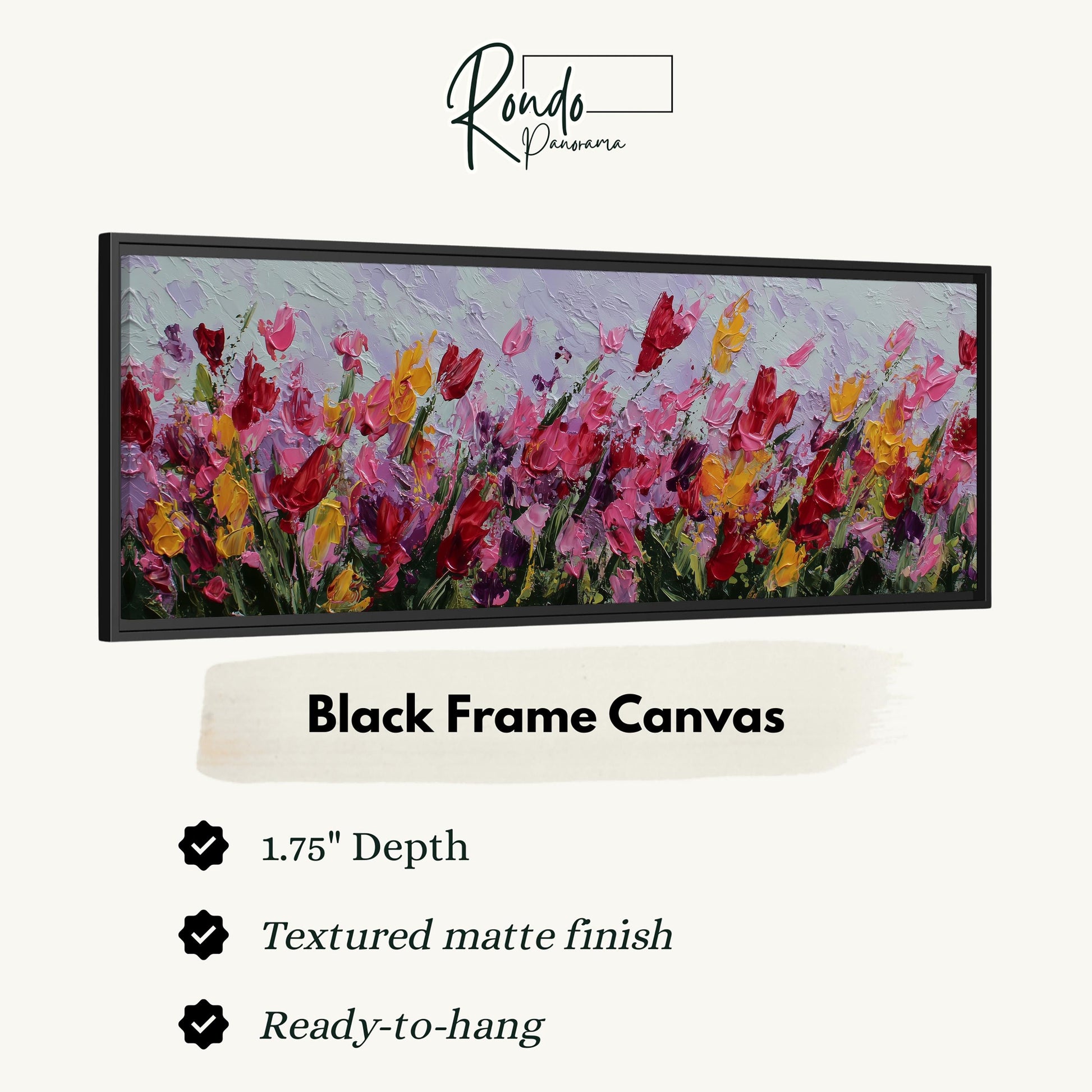 The image is a black frame canvas featuring a painting of a field of colorful flowers.