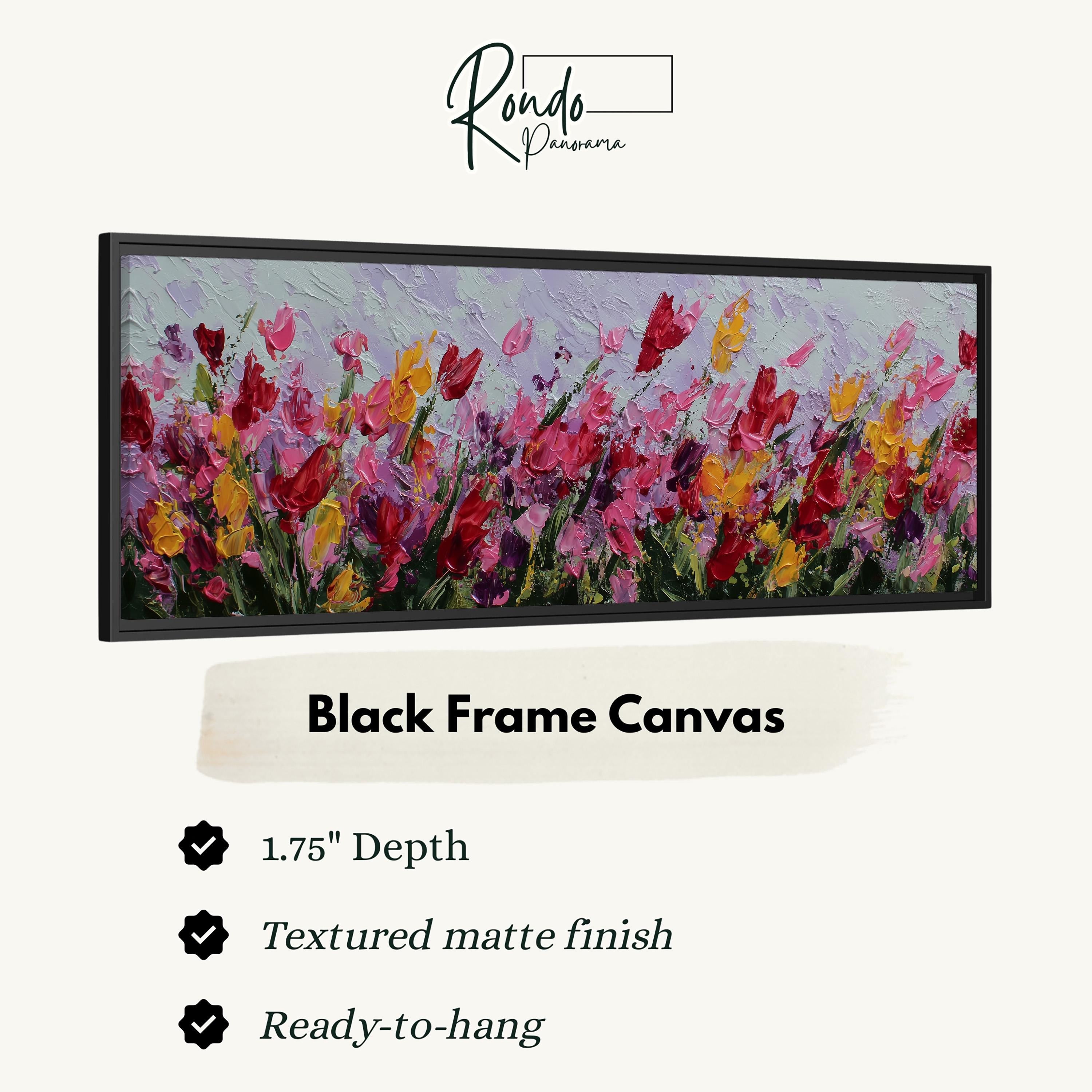 The image is a black frame canvas featuring a painting of a field of colorful flowers.