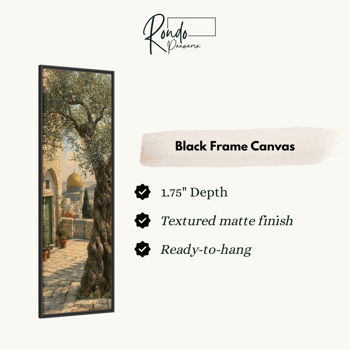 Ancient olive tree near the golden dome canvas print in a black floating frame