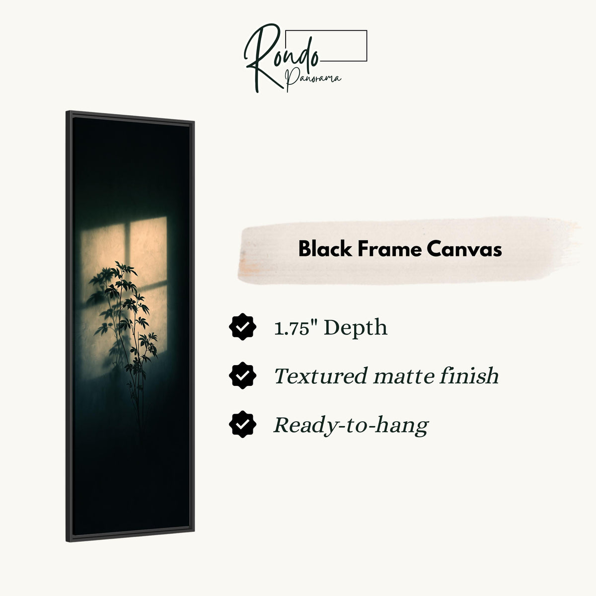 Plant silhouette in a beam of window light canvas print in a black floating frame