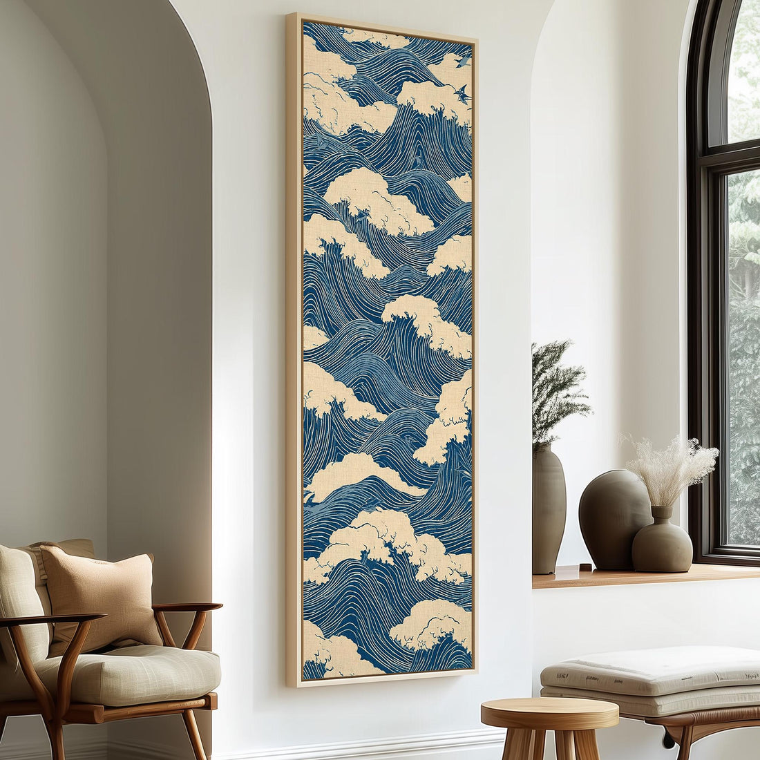 Blue Japanese wave pattern long vertical canvas print in a sunlit living space