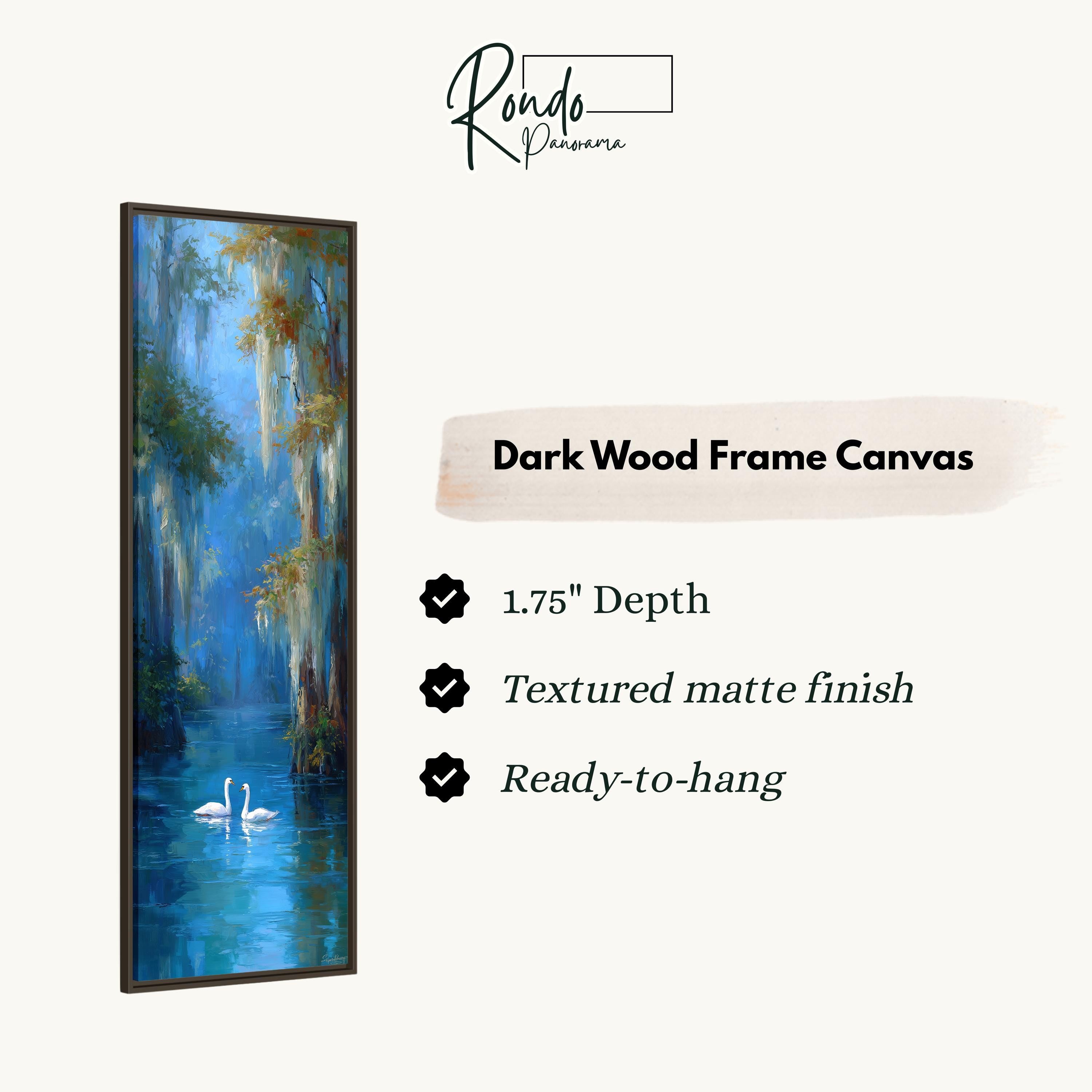 The image is a rectangular dark wood frame canvas depicting a serene scene of swans swimming in a body of water.