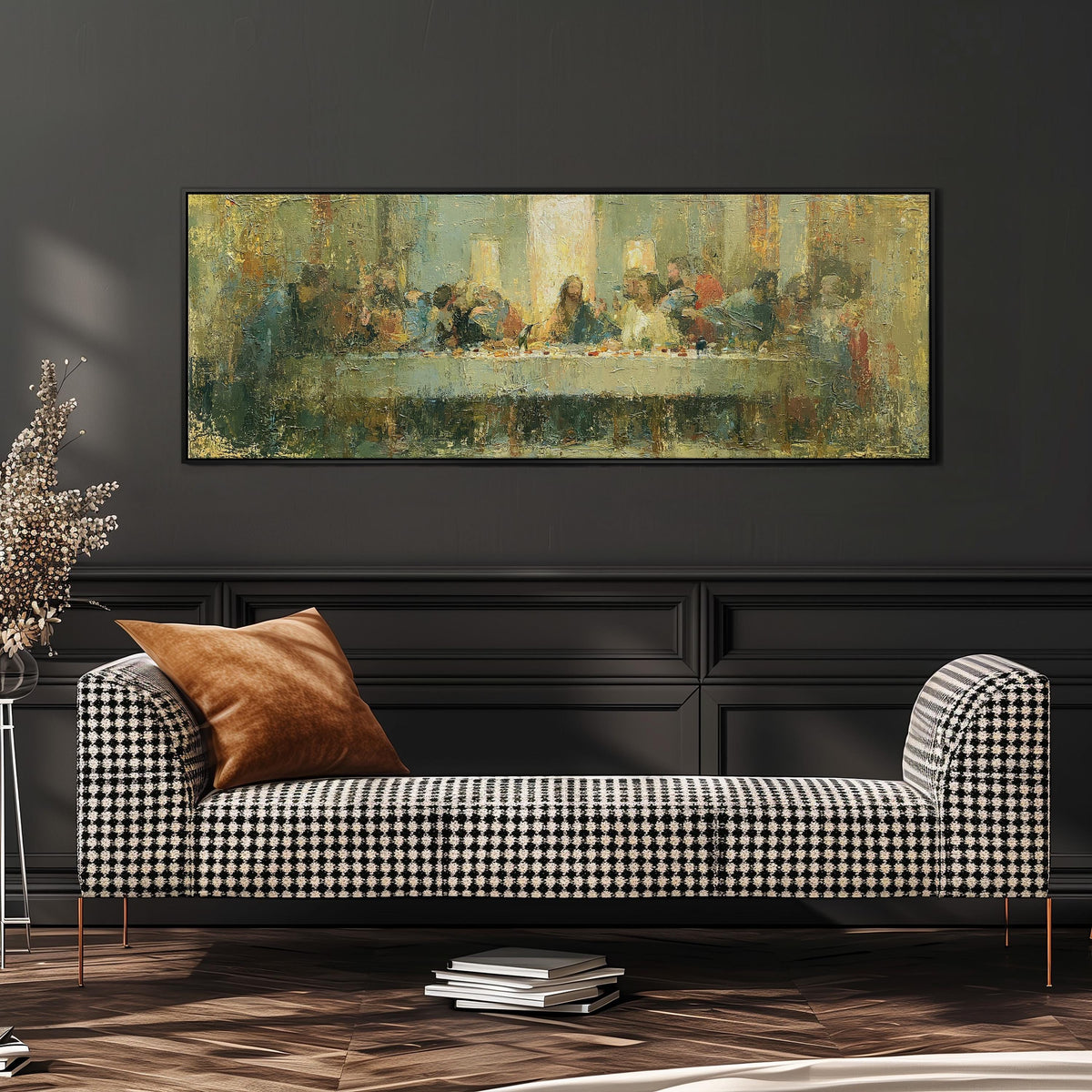 The Last Supper in golden impasto texture wide panoramic canvas print above a bench in a dark living room