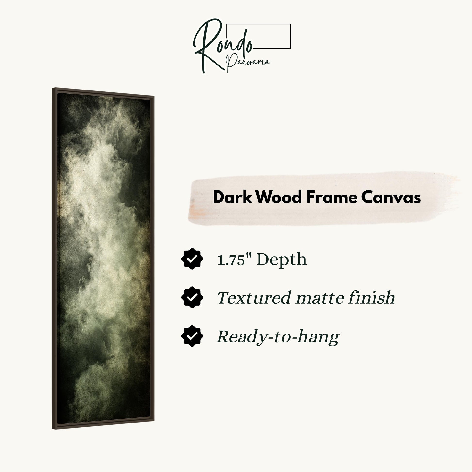 The image is a dark wood frame canvas with a textured matte finish, 1.75" depth, and ready-to-hang.