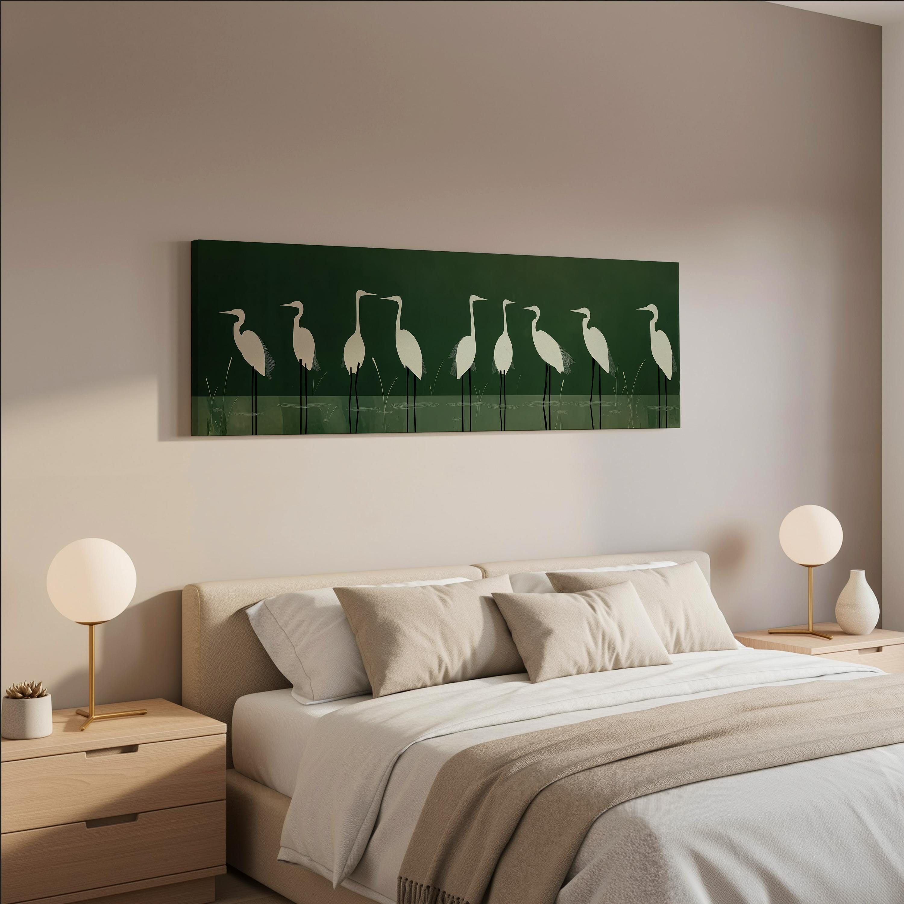 a serene bedroom scene with a large bed adorned with white pillows and a gray blanket. Above the bed, there is a green canvas featuring a line of white birds, creating a harmonious and calming atmosphere in the room.