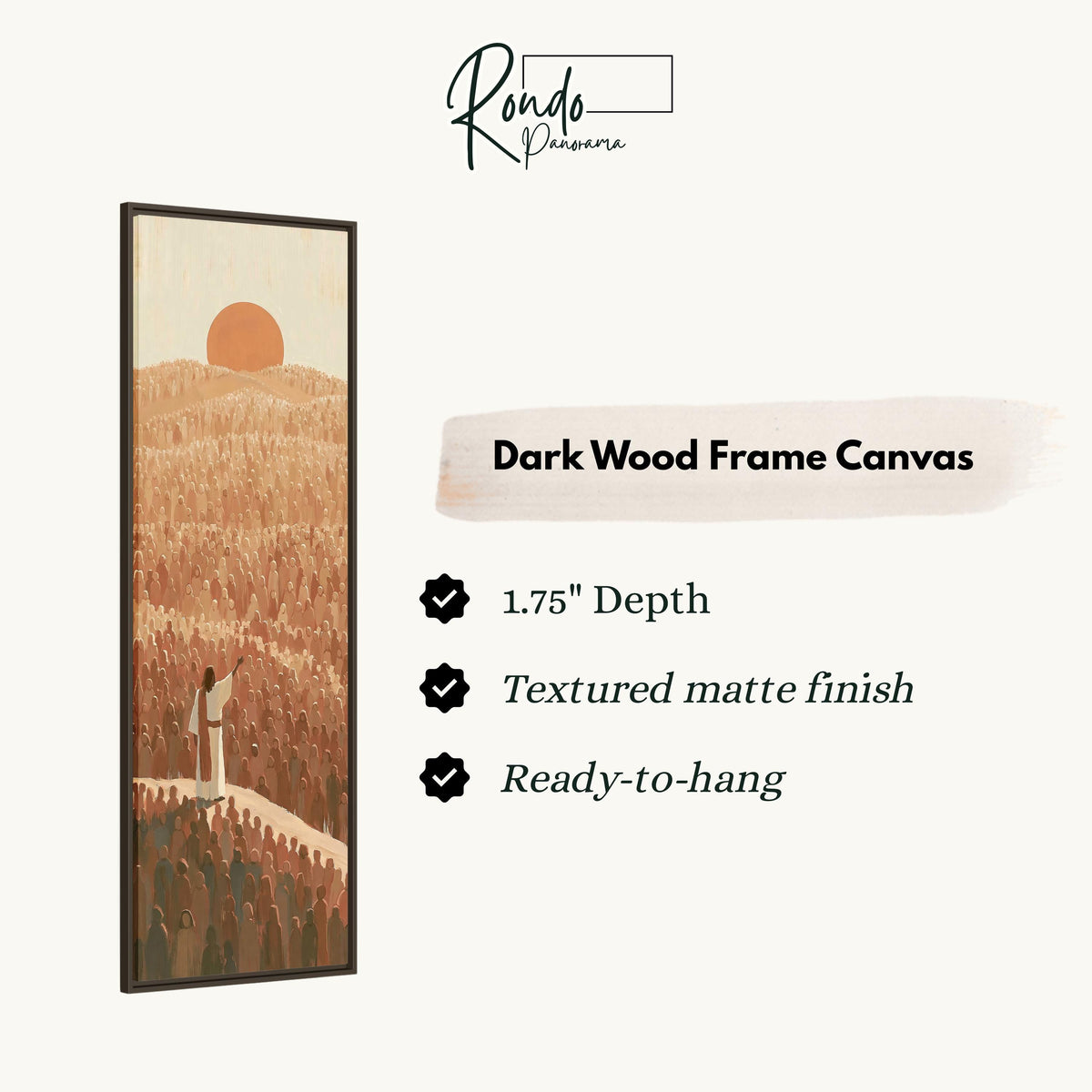 Jesus facing a crowd under a desert sunset canvas print in a dark wood floating frame