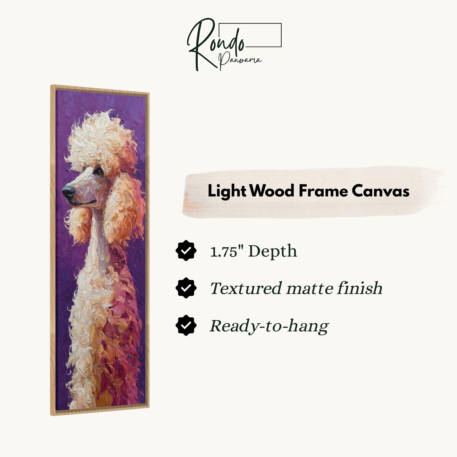 The image is a light wood frame canvas featuring a close-up of a poodle's face.