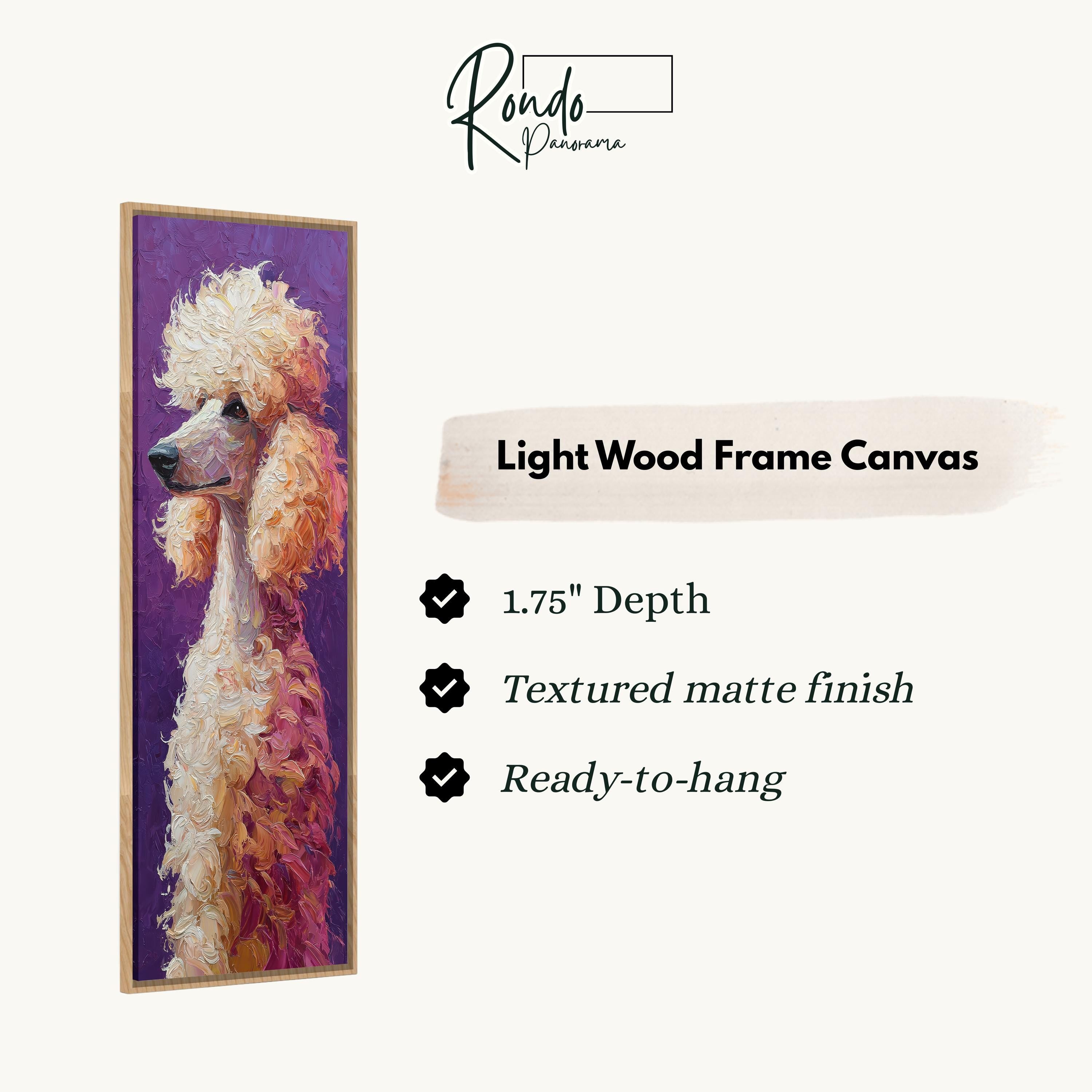The image is a light wood frame canvas featuring a close-up of a poodle's face.