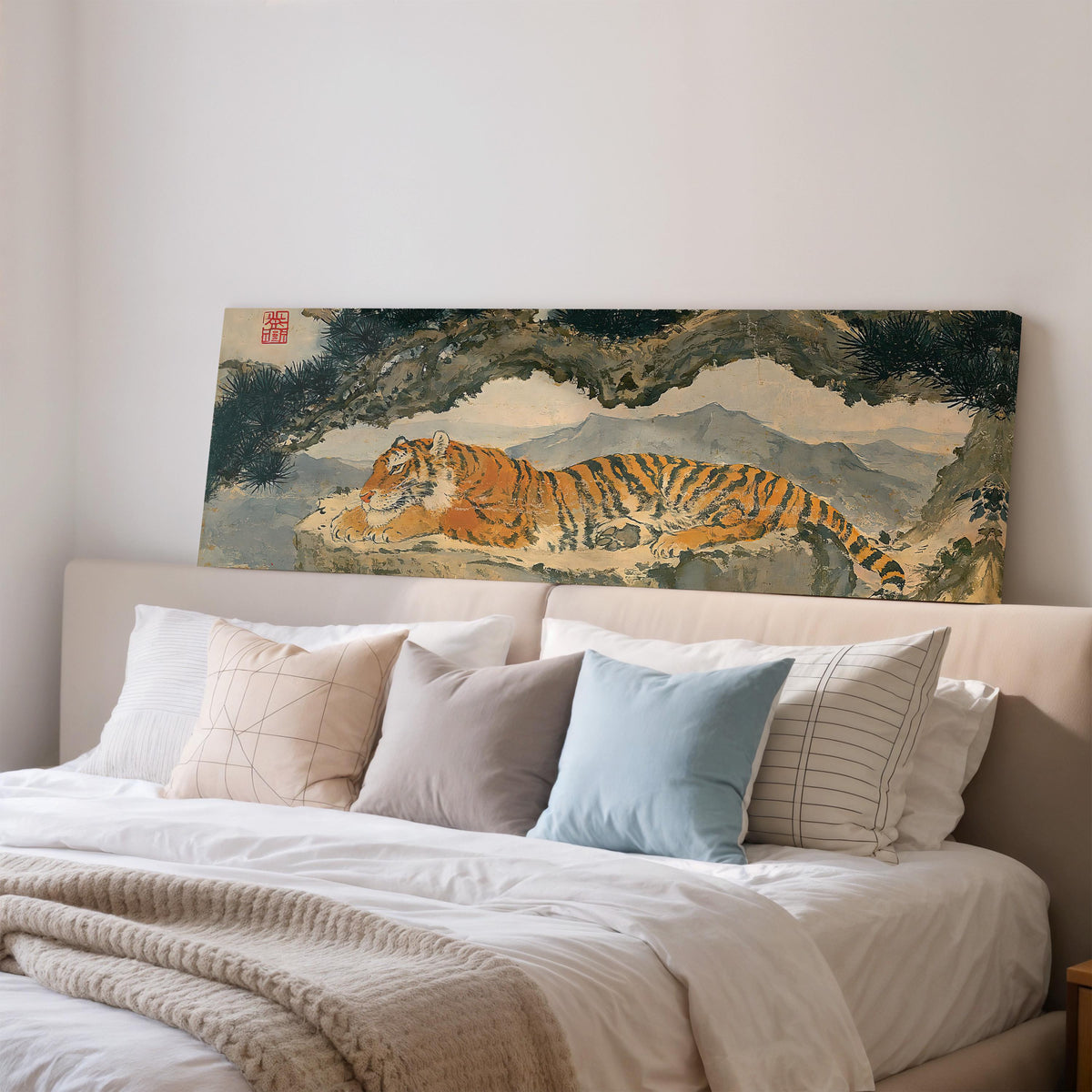 Tiger resting beneath misty pines wide panoramic canvas print above a bed in a bedroom