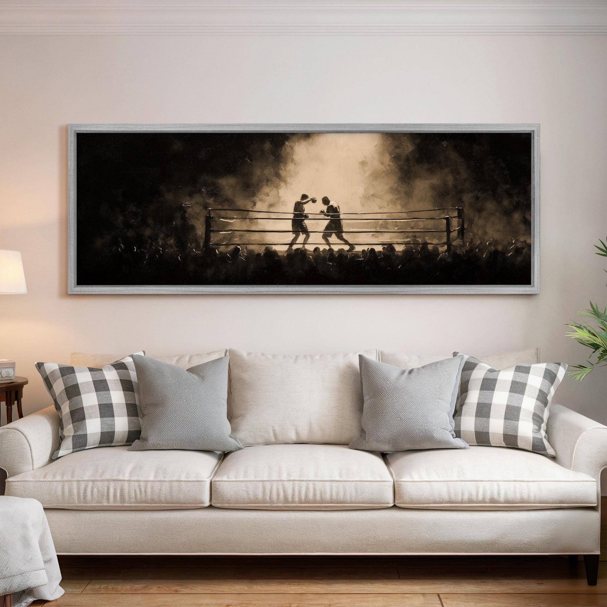 a large framed painting of two people engaged in a boxing match, with smoke and shadows adding to the dramatic effect.
