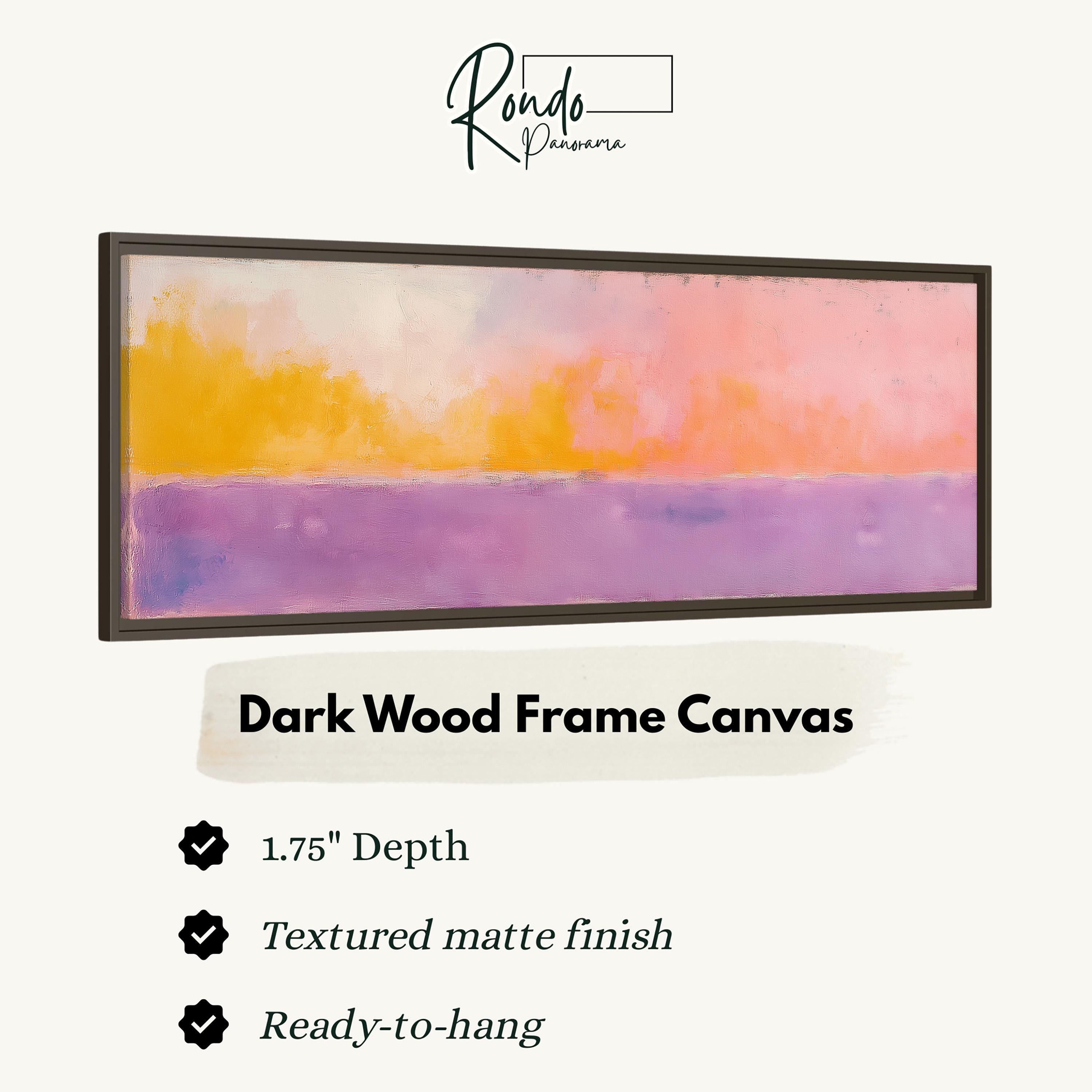a dark wood frame canvas with a painting of a sunset over a body of water.