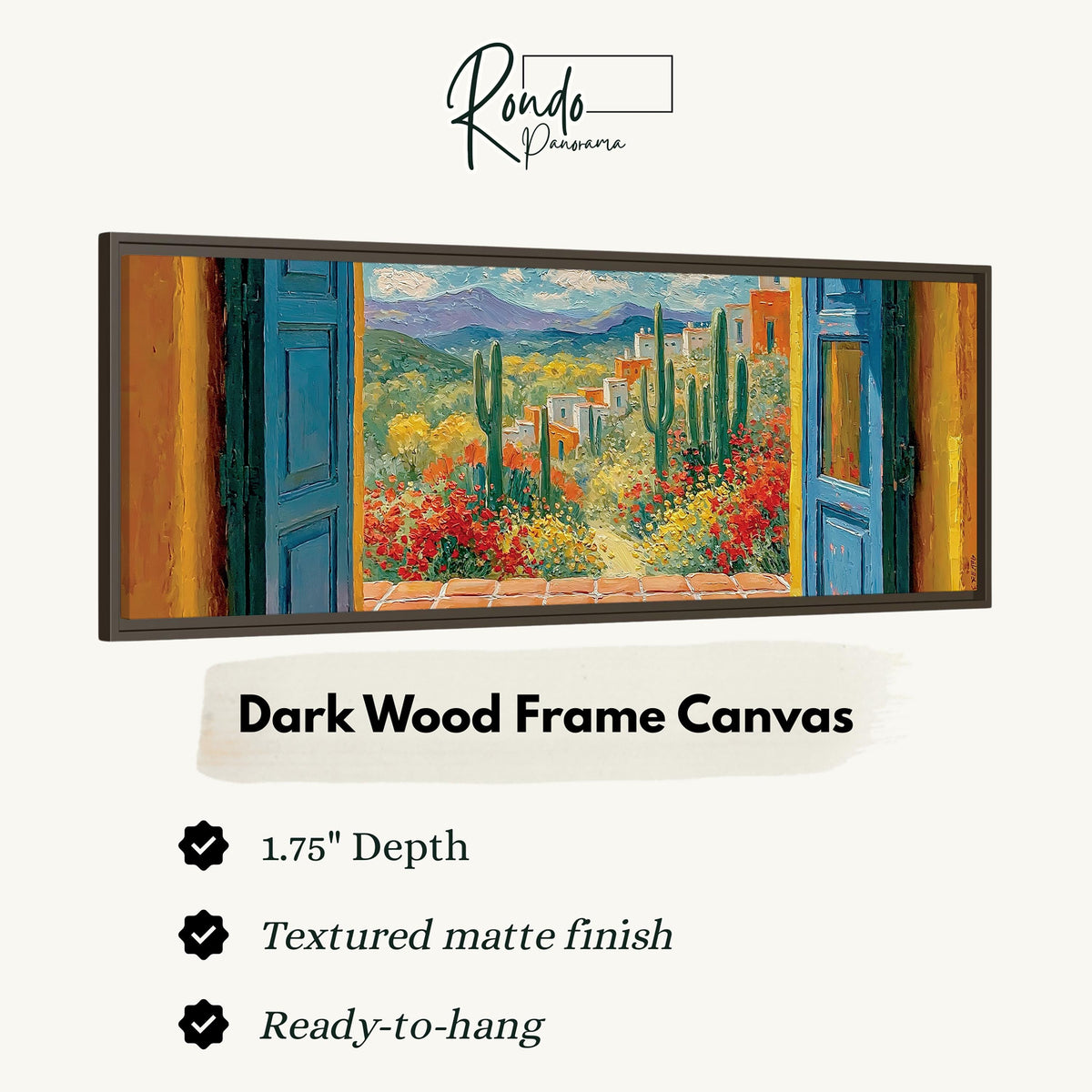 Cactus courtyard seen through blue doors canvas print in a dark wood floating frame