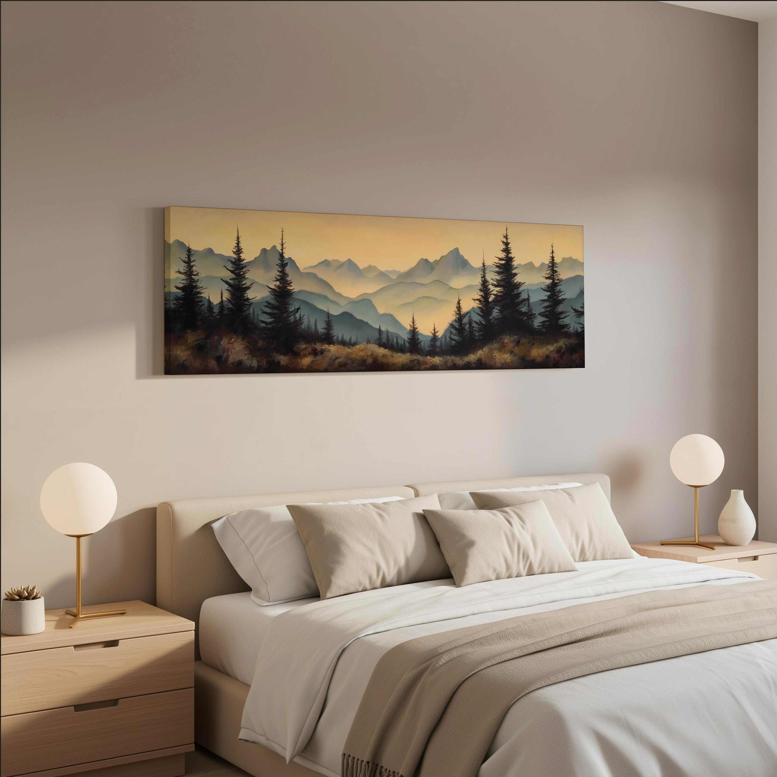 a serene bedroom scene with a large bed, two nightstands with lamps, and a painting of a mountain landscape hanging on the wall above the bed.