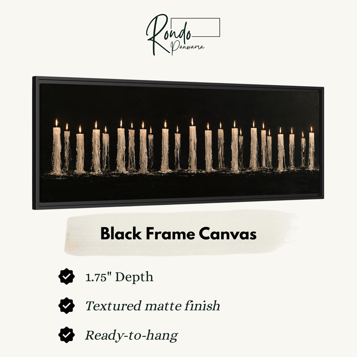 Long row of flickering candles canvas print in a black floating frame