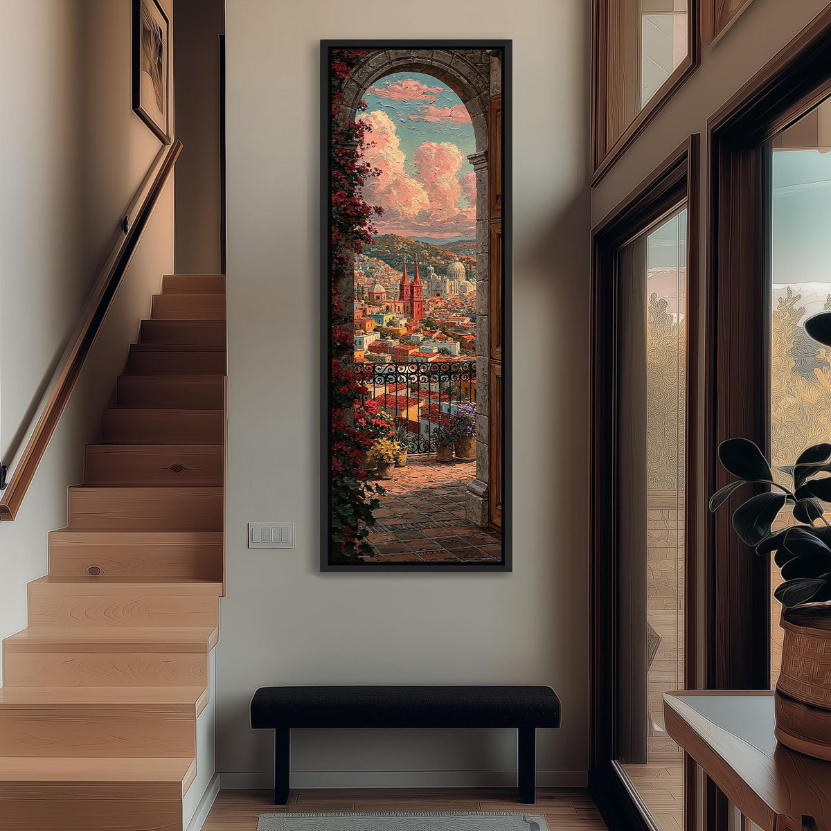 Colorful city view from a flowered balcony arch tall narrow canvas print beside a staircase in an entryway