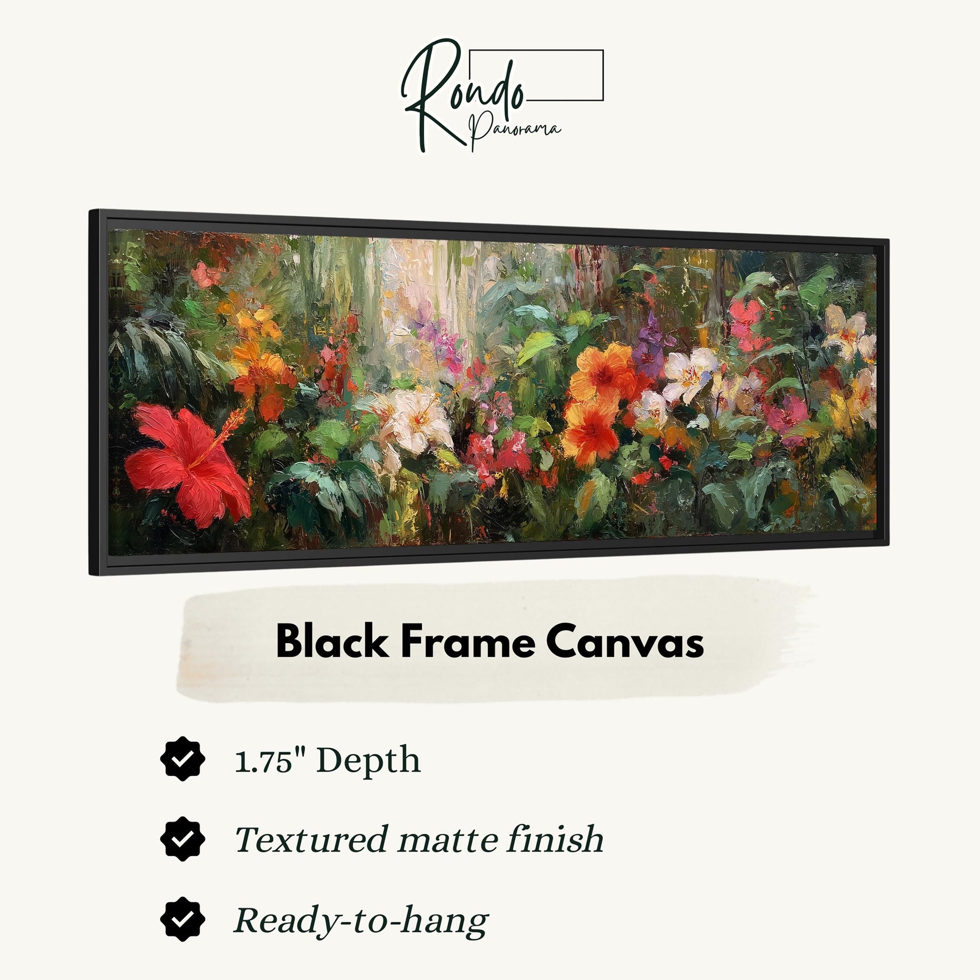 The image is a black frame canvas featuring a vibrant painting of a lush garden with various flowers and foliage.