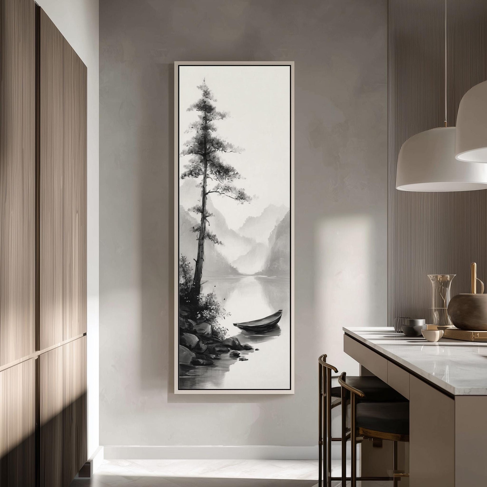 a large black and white painting of a boat on a lake, hanging on a wall in a modern kitchen.