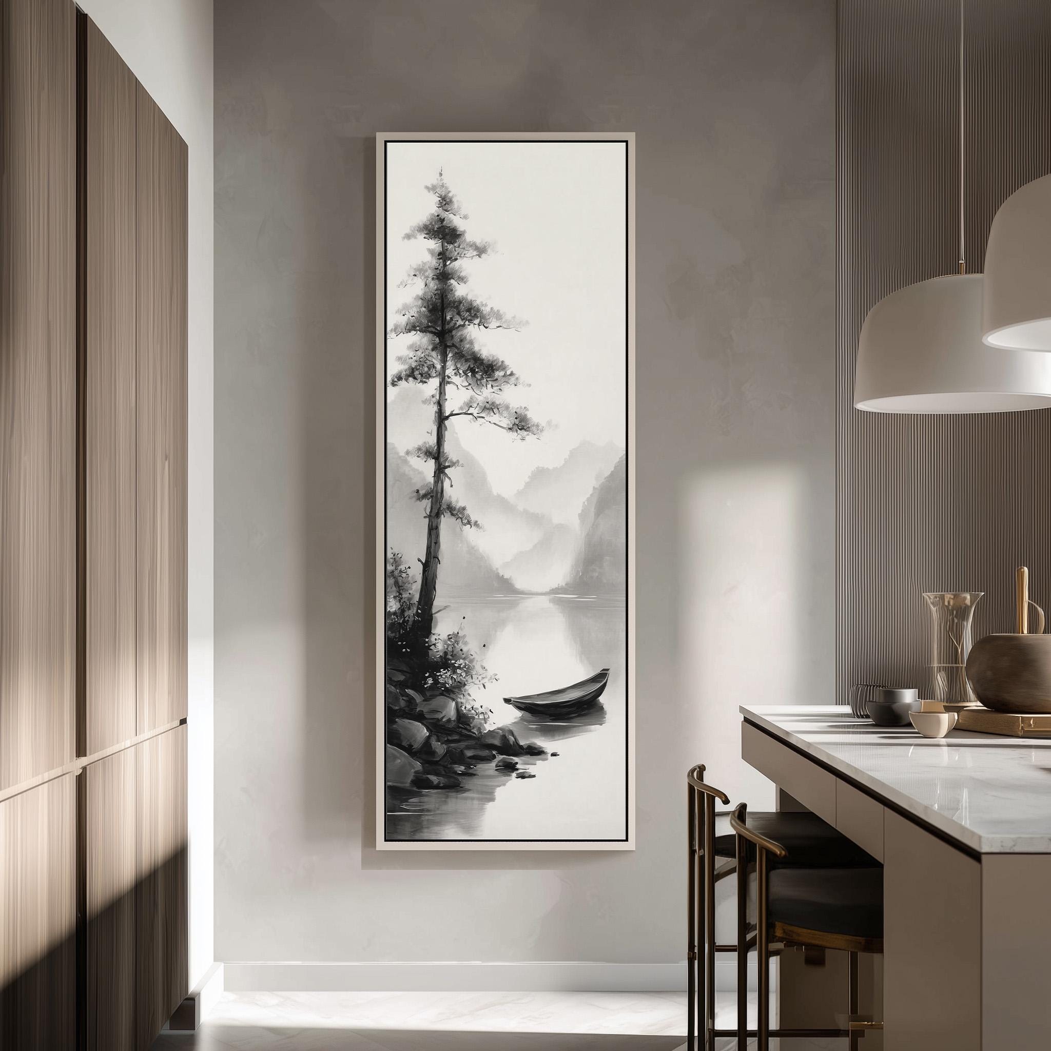 a large black and white painting of a boat on a lake, hanging on a wall in a modern kitchen.