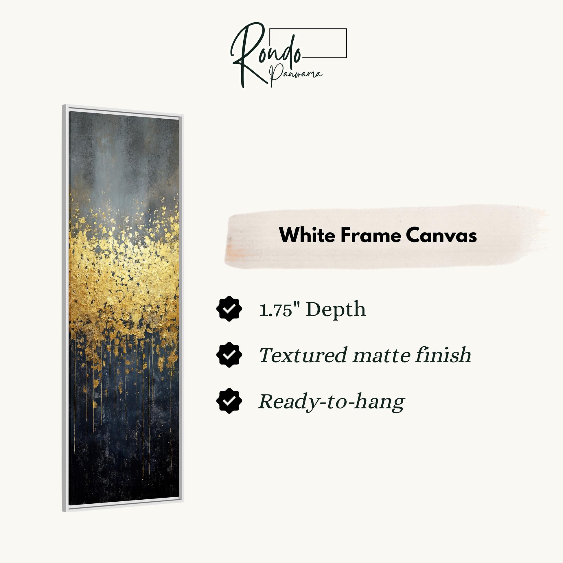 The image is a white frame canvas with a painting of gold leaves on a black background.