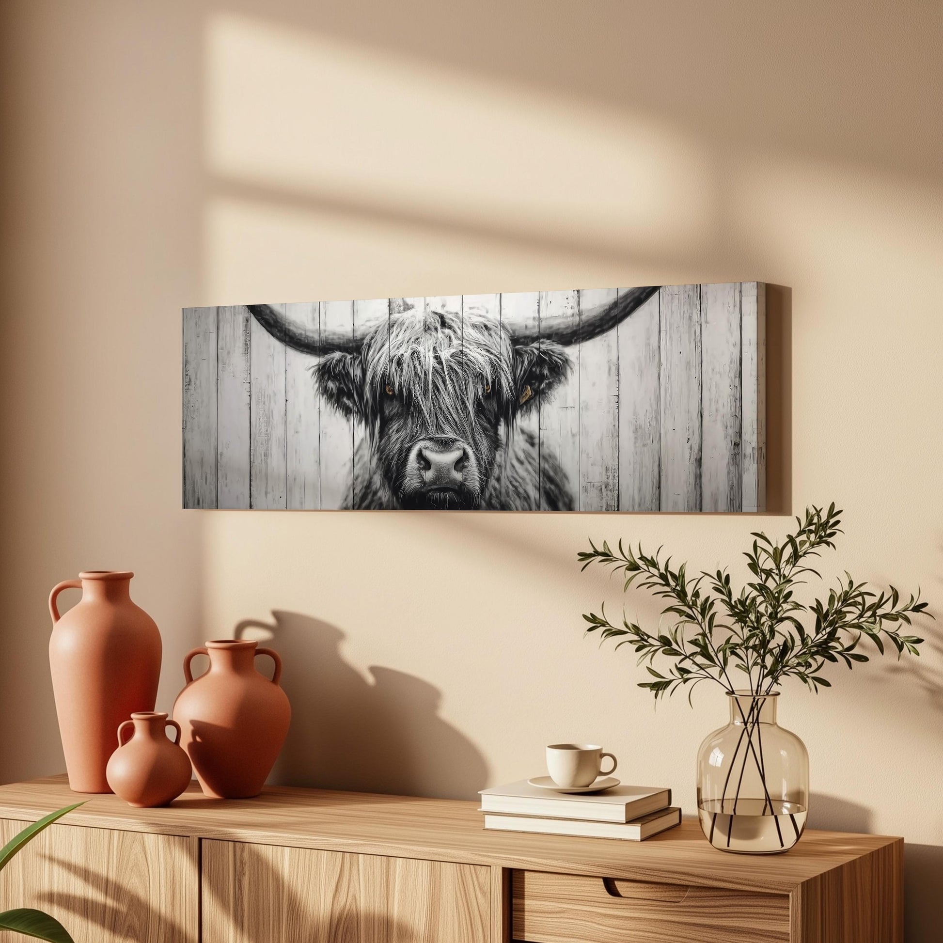 a wooden cabinet with a vase, a coffee cup, and a stack of books on top. Above the cabinet, there is a framed image of a cow with long horns hanging on the wall.
