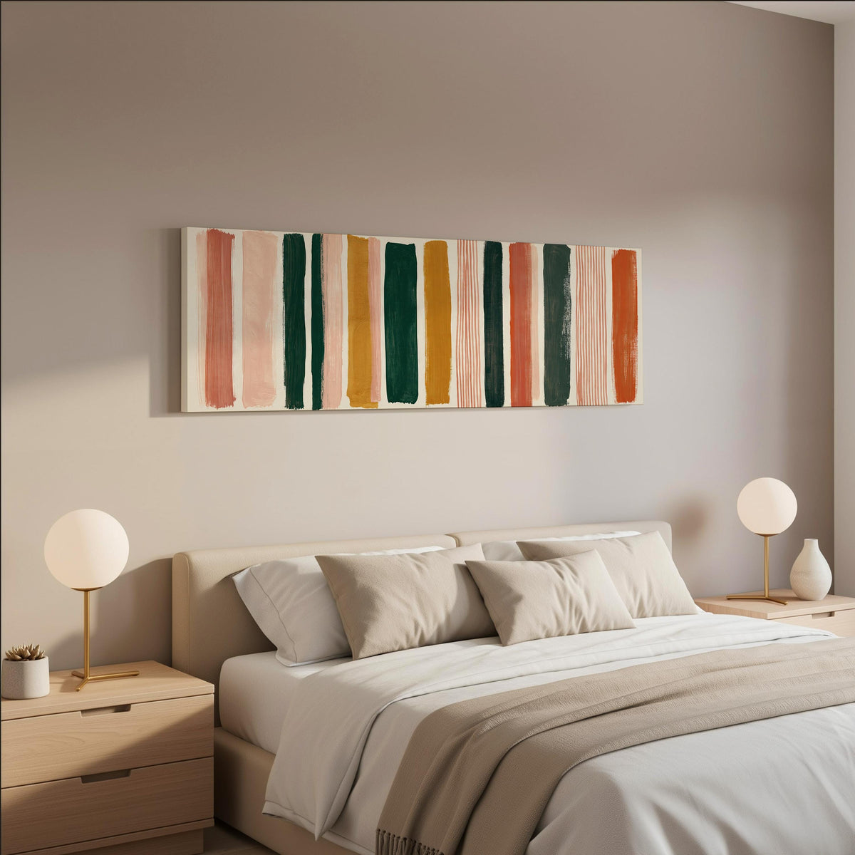 Mixed stripe blocks in terracotta, pink and green wide panoramic canvas print above a bed in a neutral bedroom