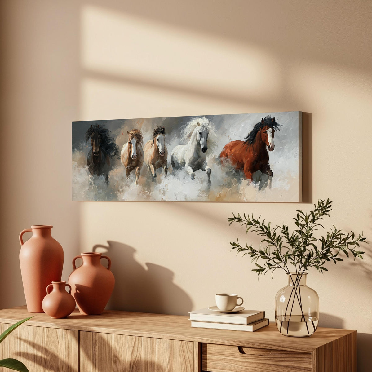 Five horses running through smoke long horizontal canvas print above a wooden sideboard