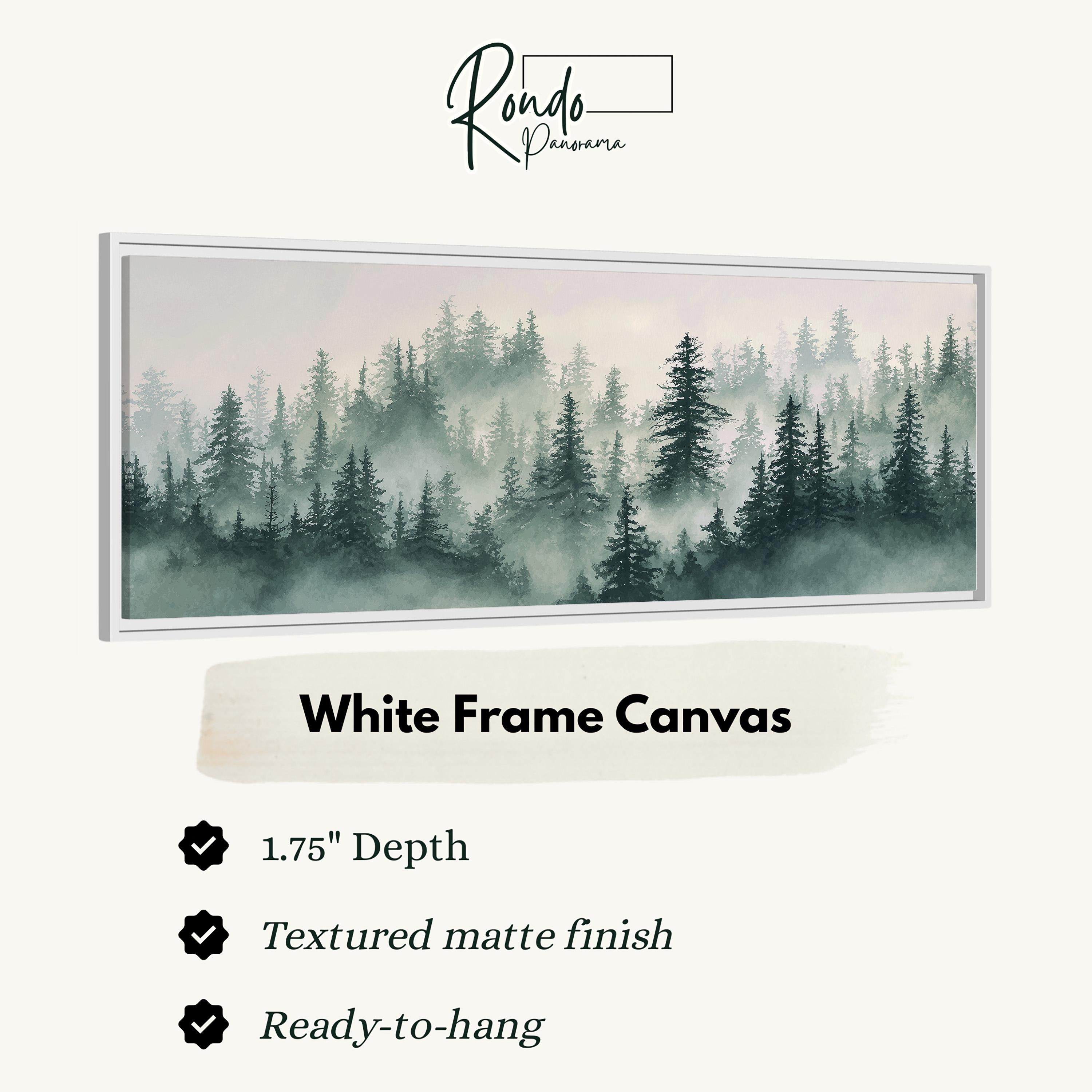 The image is a white frame canvas depicting a forest scene with misty pine trees.