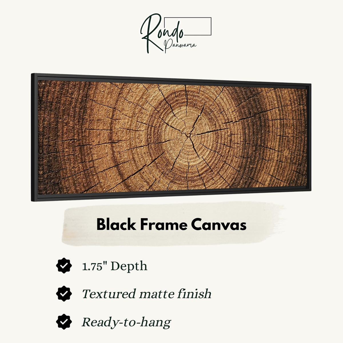 Warm oak wood ring canvas print in a black floating frame