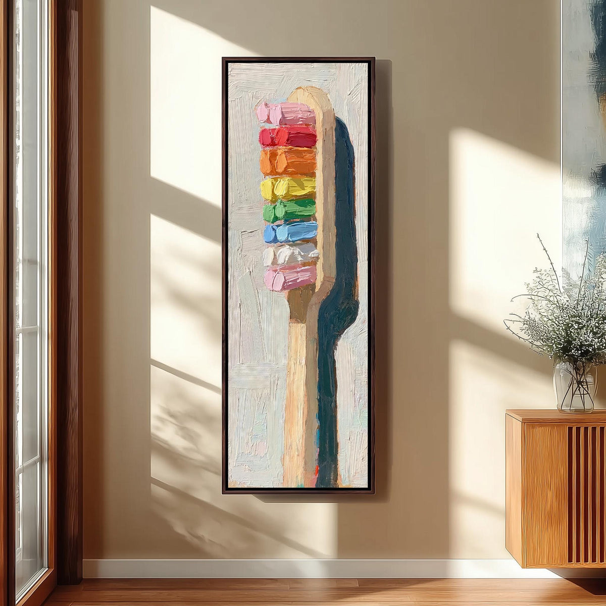 Toothbrush with rainbow toothpaste long vertical canvas print in a sunlit living space