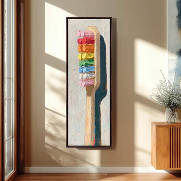 Toothbrush with rainbow toothpaste long vertical canvas print in a sunlit living space