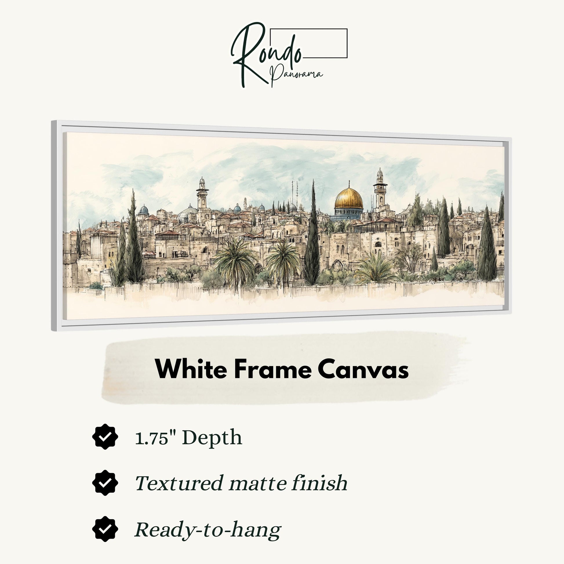 The image is a white frame canvas depicting a cityscape with buildings, palm trees, and a dome.