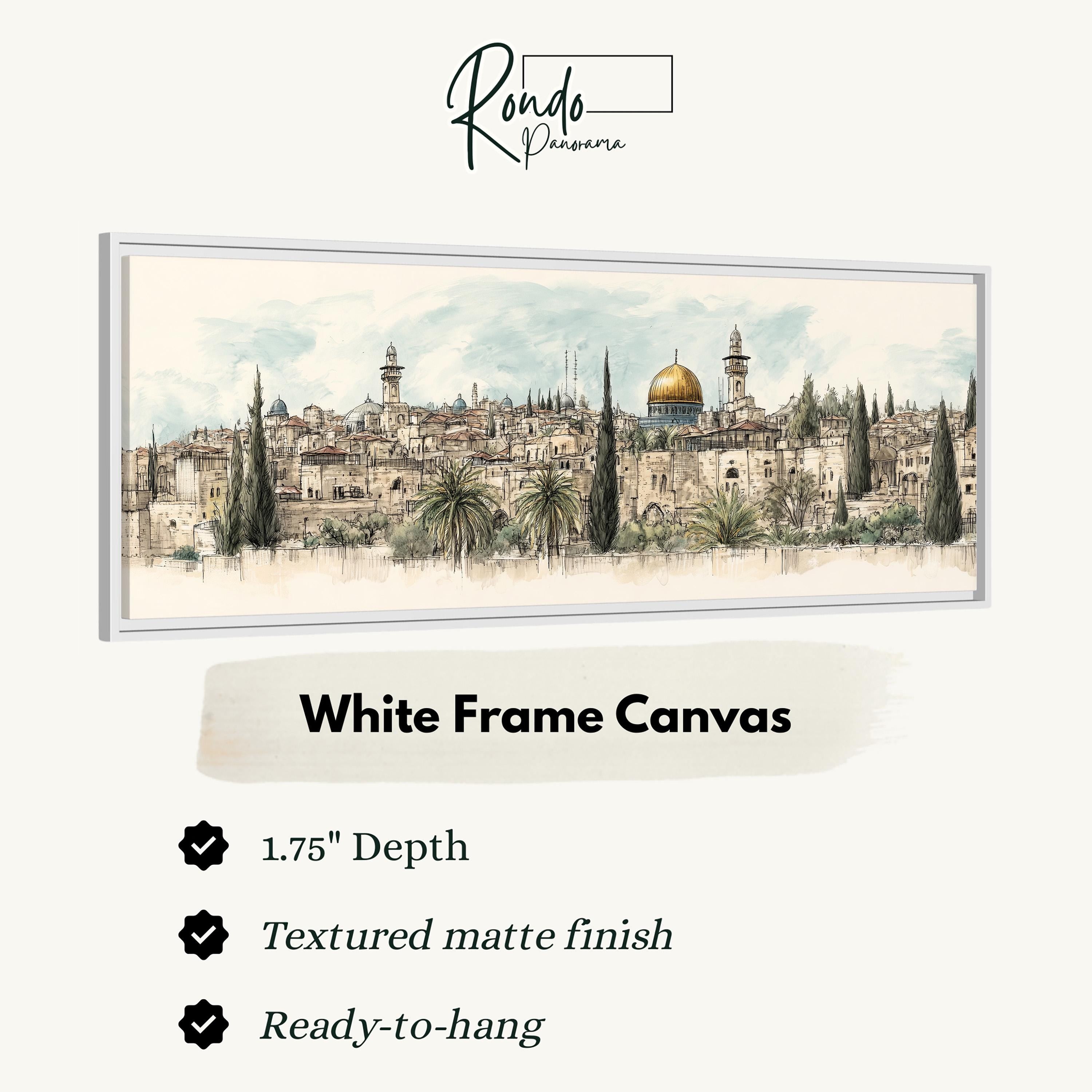 The image is a white frame canvas depicting a cityscape with buildings, palm trees, and a dome.