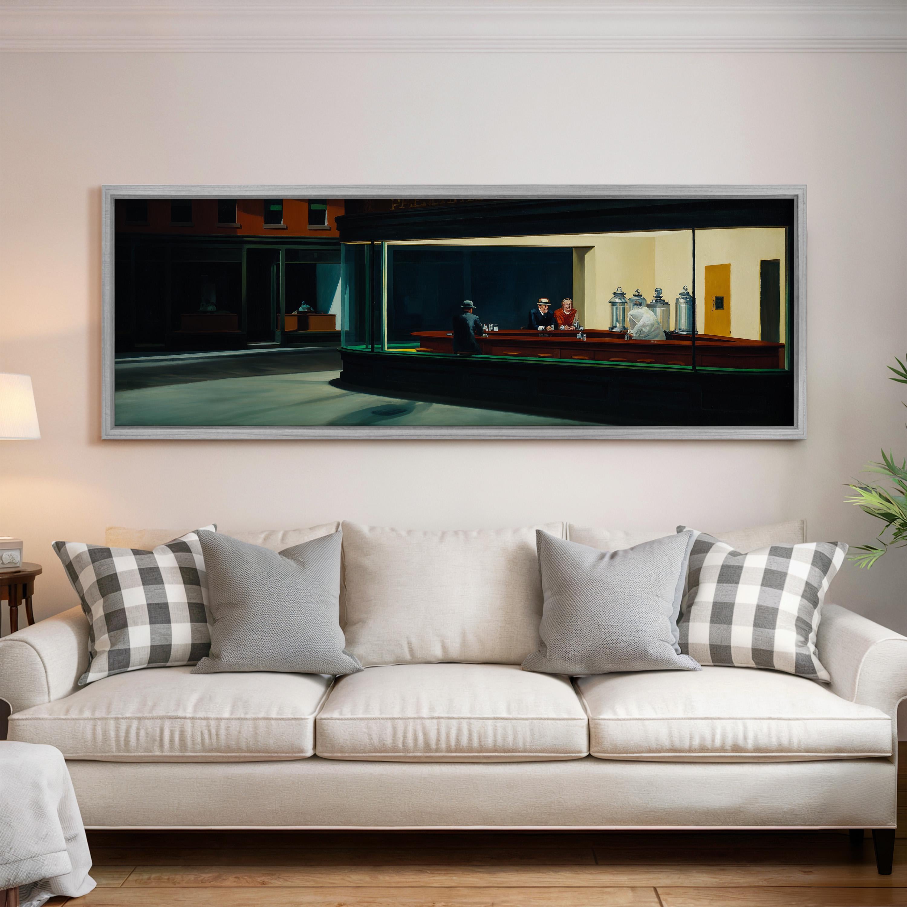 a large, framed painting of a bar scene hanging on a wall above a white couch with gray and white patterned pillows.